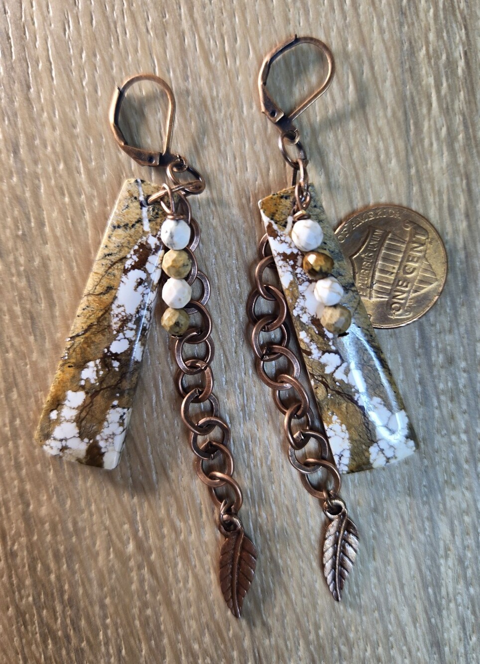 Natural Wild Horse Jasper In Rustic Artisan Handmade Statement Copper Earrings - Picture 7 of 8